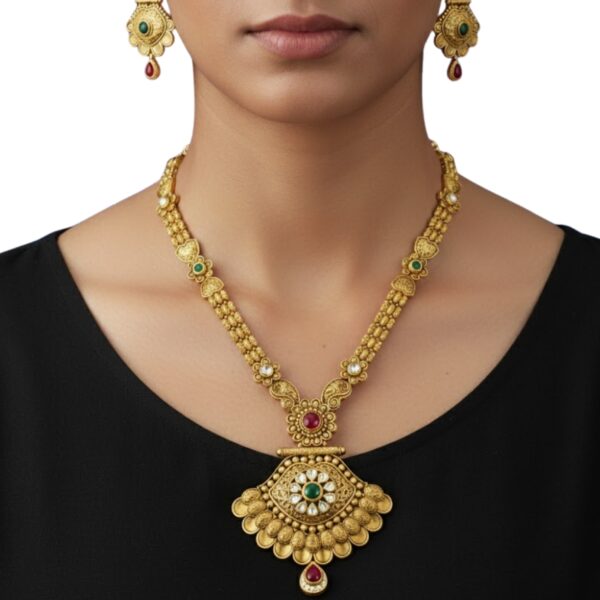 Delicate Lotus Crest Gold Necklace Set by Tarasha Jewels